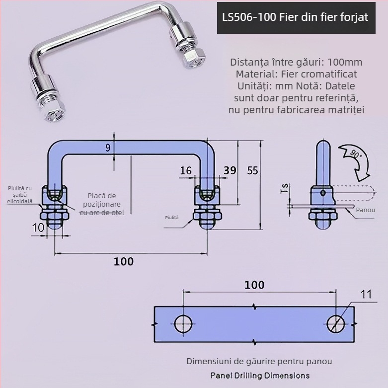 Maner pliere pentru dulap LS506, din oțel inoxidabil 304, cromat, montaj pe suprafață