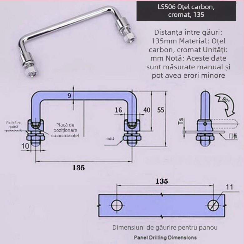Maner pliere pentru dulap LS506, din oțel inoxidabil 304, cromat, montaj pe suprafață