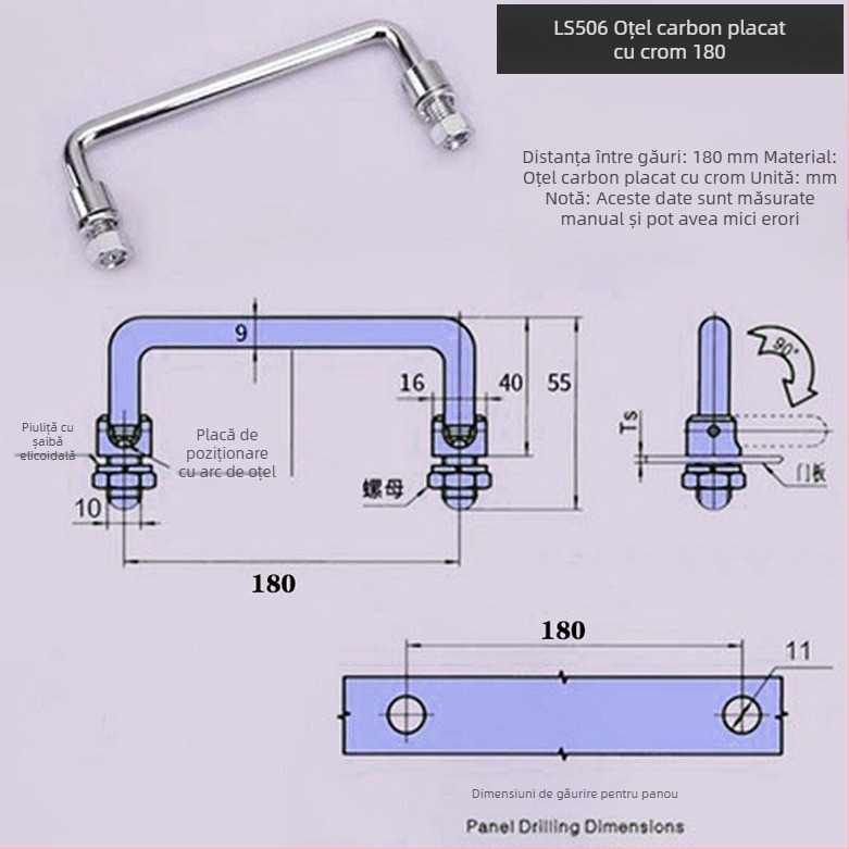 Maner pliere pentru dulap LS506, din oțel inoxidabil 304, cromat, montaj pe suprafață