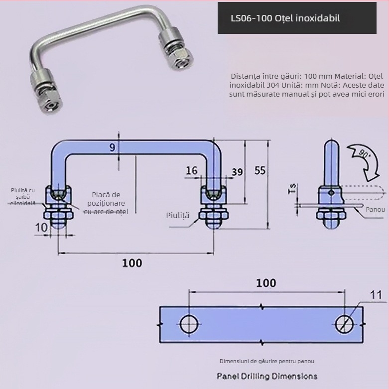Maner pliere pentru dulap LS506, din oțel inoxidabil 304, cromat, montaj pe suprafață