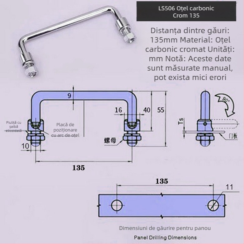 Maner pliere pentru dulap LS506, din oțel inoxidabil 304, cromat, montaj pe suprafață