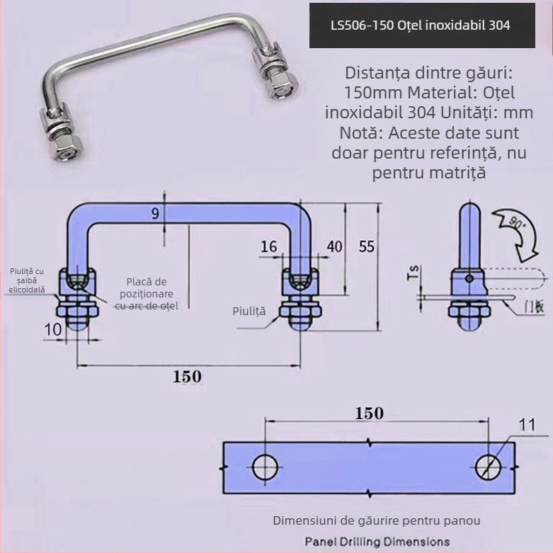 Maner pliere pentru dulap LS506, din oțel inoxidabil 304, cromat, montaj pe suprafață