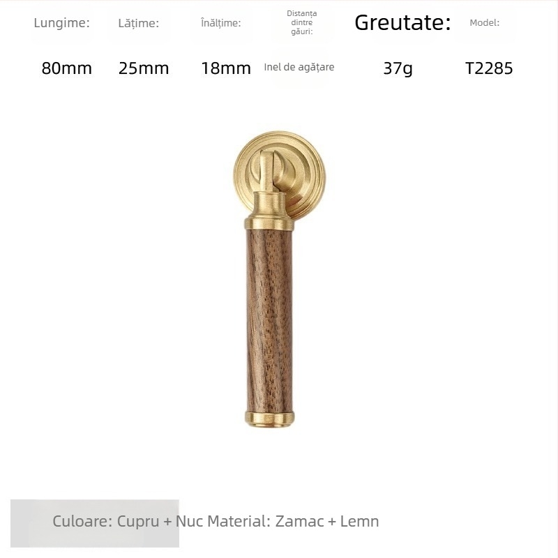 Mâner de ușă pentru dulap - alamă + lemn de nuc, electroplacat, stil lux ușor, model 2285/2287, pentru garderobă, dulapuri și sertare, baie și dulap de vin