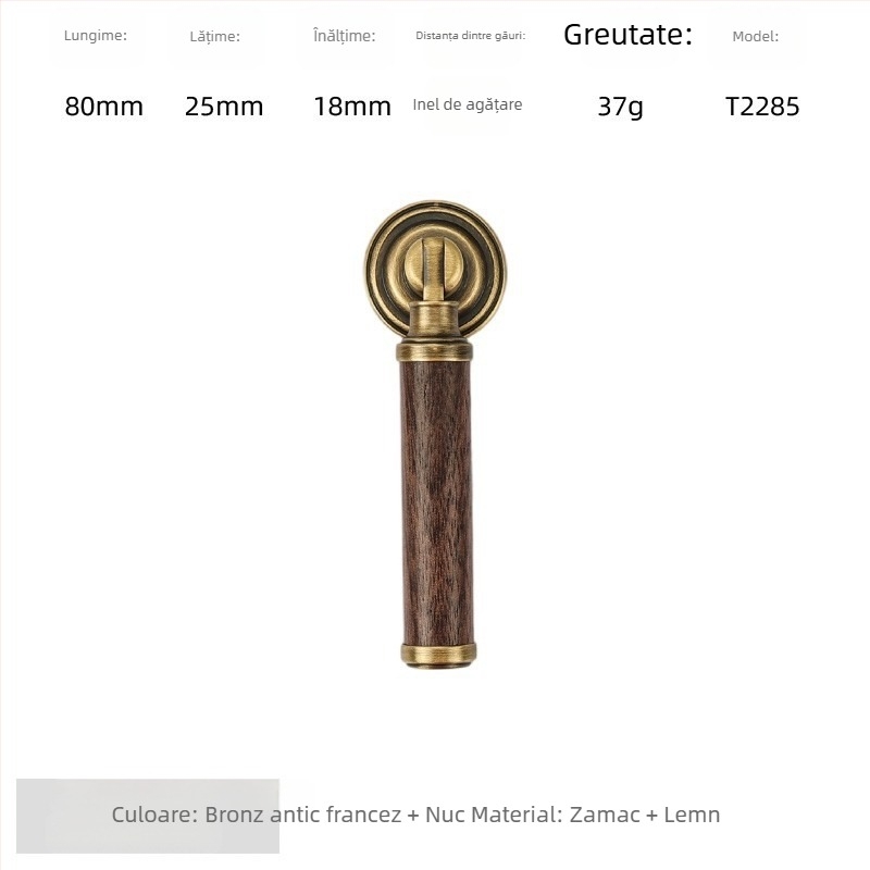 Mâner de ușă pentru dulap - alamă + lemn de nuc, electroplacat, stil lux ușor, model 2285/2287, pentru garderobă, dulapuri și sertare, baie și dulap de vin