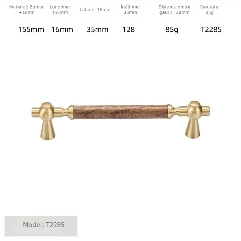 Mâner de ușă pentru dulap - alamă + lemn de nuc, electroplacat, stil lux ușor, model 2285/2287, pentru garderobă, dulapuri și sertare, baie și dulap de vin