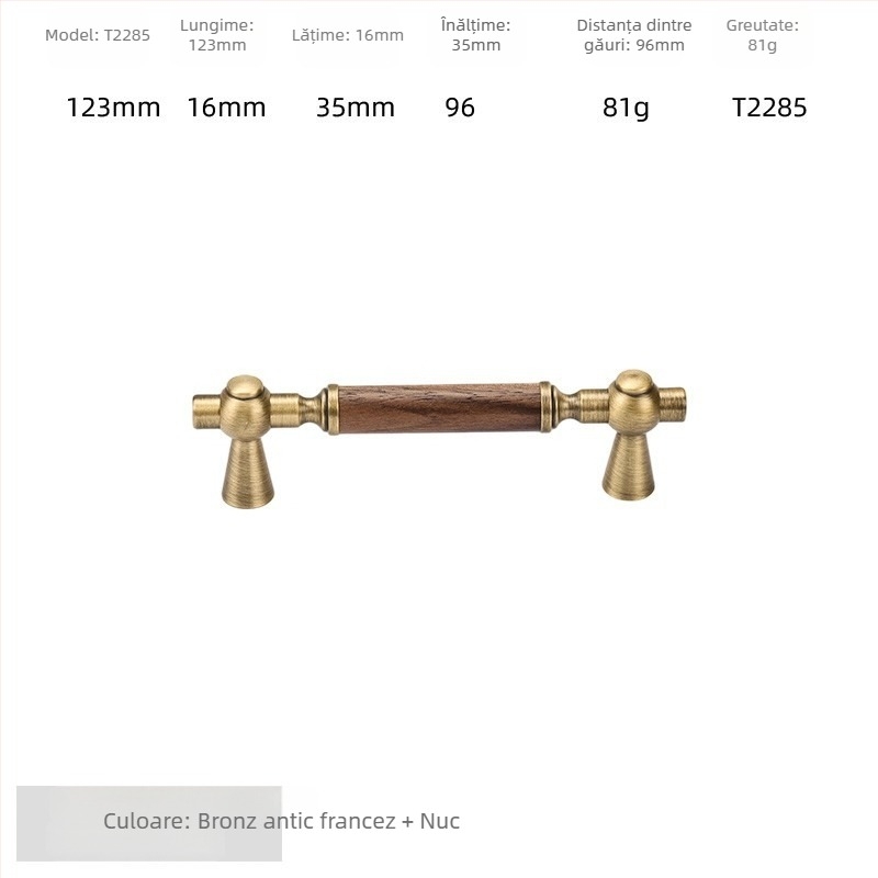 Mâner de ușă pentru dulap - alamă + lemn de nuc, electroplacat, stil lux ușor, model 2285/2287, pentru garderobă, dulapuri și sertare, baie și dulap de vin