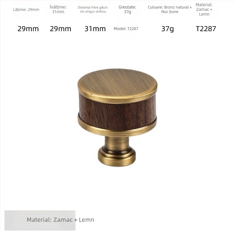 Mâner de ușă pentru dulap - alamă + lemn de nuc, electroplacat, stil lux ușor, model 2285/2287, pentru garderobă, dulapuri și sertare, baie și dulap de vin