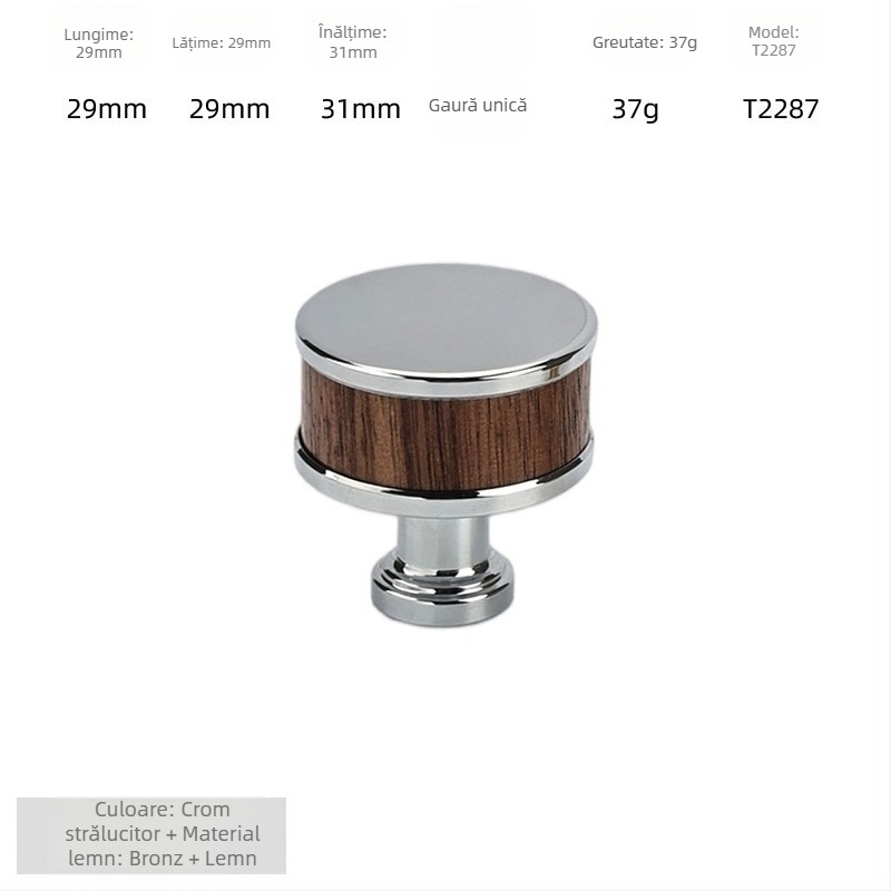 Mâner de ușă pentru dulap - alamă + lemn de nuc, electroplacat, stil lux ușor, model 2285/2287, pentru garderobă, dulapuri și sertare, baie și dulap de vin