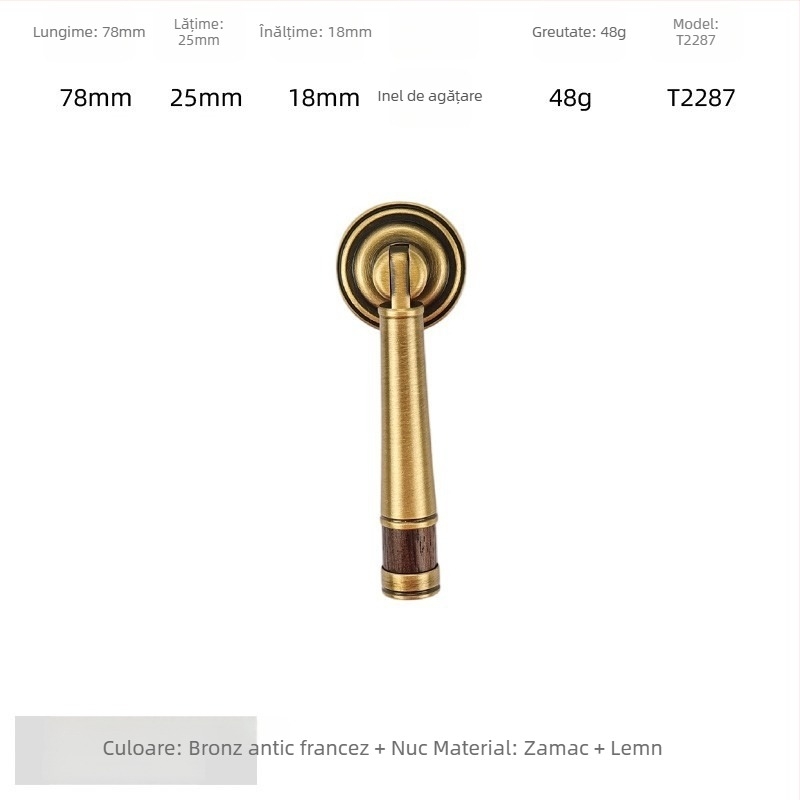 Mâner de ușă pentru dulap - alamă + lemn de nuc, electroplacat, stil lux ușor, model 2285/2287, pentru garderobă, dulapuri și sertare, baie și dulap de vin