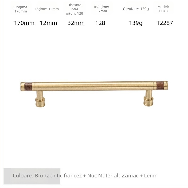 Mâner de ușă pentru dulap - alamă + lemn de nuc, electroplacat, stil lux ușor, model 2285/2287, pentru garderobă, dulapuri și sertare, baie și dulap de vin