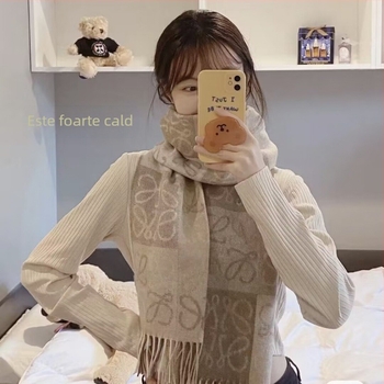 Șal din lână cu model jacquard șah și cărți, cu două fețe, pentru iarnă