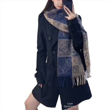 Șal din lână cu model jacquard șah și cărți, cu două fețe, pentru iarnă