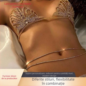 Lanț corporal cu rhinestones, motif floral, stil geometric, finisaj diamantat, personalizare disponibilă
