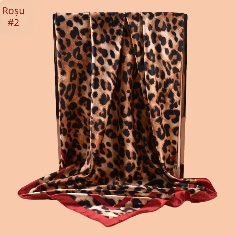Șal pătrat de satin cu imprimeu leopard și margine, țesătură simplă