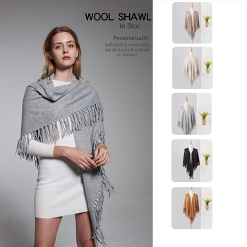 Șal din lână 100% pură, formă triunghiulară, model monocrom, țesătură jacquard, lățime 230 cm