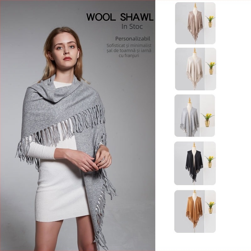 Șal din lână 100% pură, formă triunghiulară, model monocrom, țesătură jacquard, lățime 230 cm