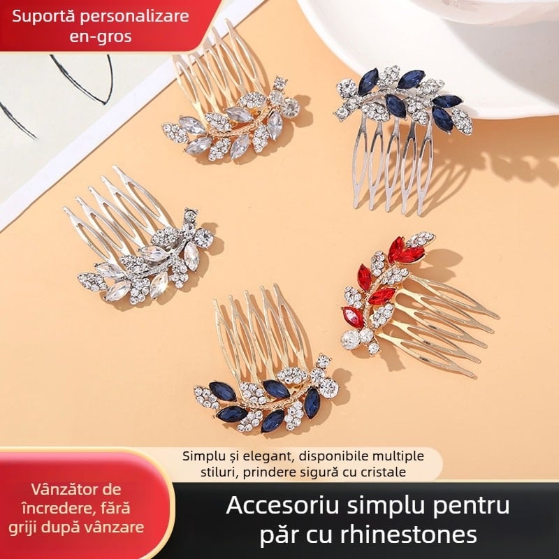 Pieptene de păr de mireasă cu strasuri, design în formă de frunză, stil național, finisaj sculptural, personalizare disponibilă