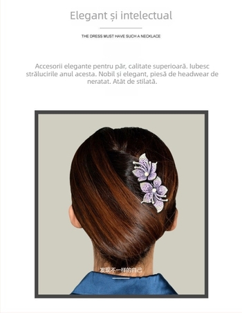 Clip de păr cu floare din rhinestone, lucrat manual, stil office pentru femei, cristal ametist