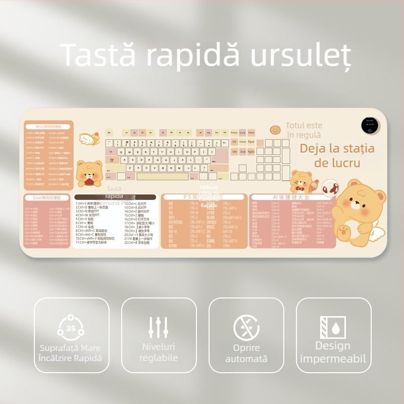 Pad de mouse încălzit pentru birou, design desen animat, temperatură reglabilă, disipare a căldurii din aluminiu, suprafață din piele