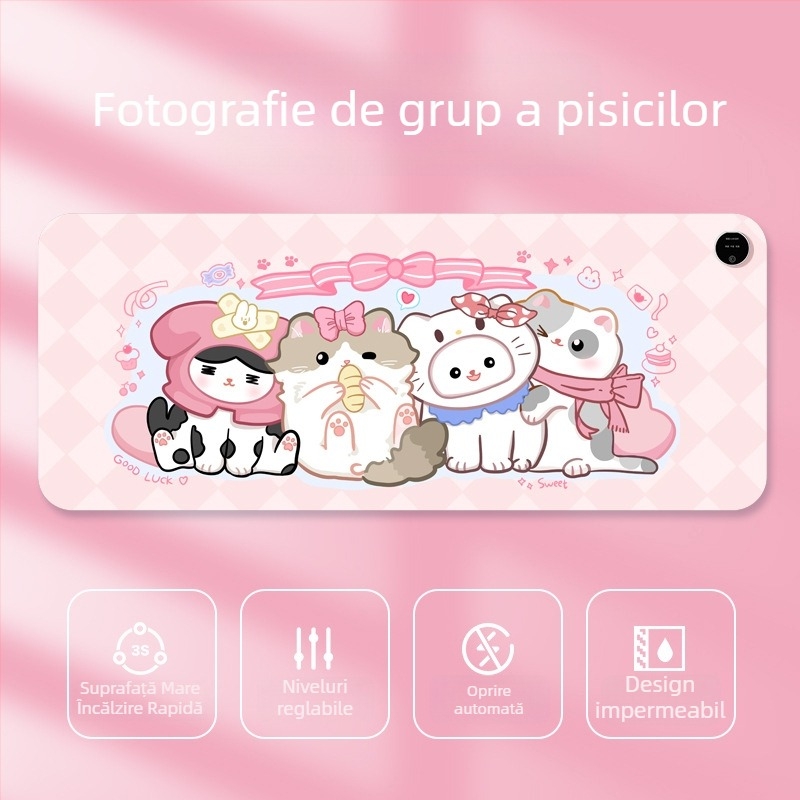 Pad de mouse încălzit pentru birou, design desen animat, temperatură reglabilă, disipare a căldurii din aluminiu, suprafață din piele