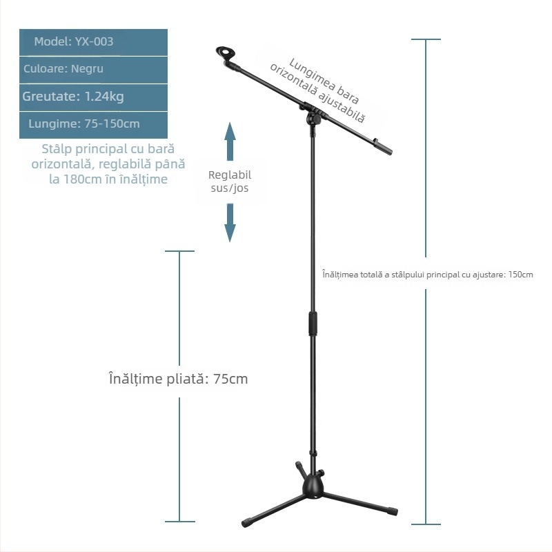 Suport microfon cu trepied podea, braț vertical transversal, model 103