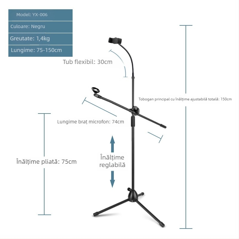 Suport microfon cu trepied podea, braț vertical transversal, model 103