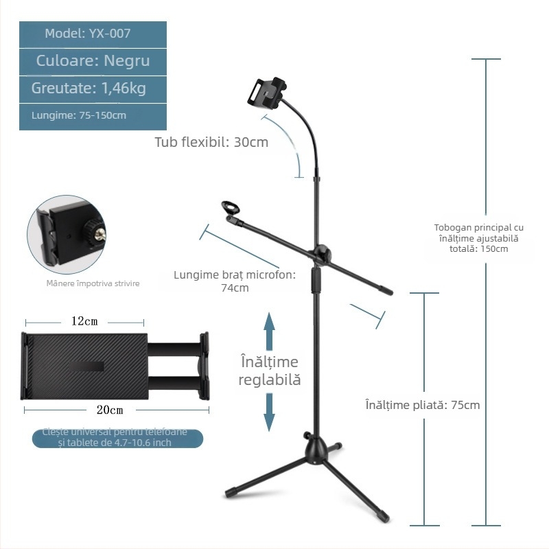 Suport microfon cu trepied podea, braț vertical transversal, model 103