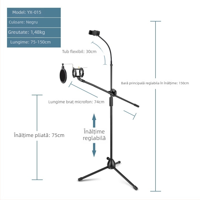 Suport microfon cu trepied podea, braț vertical transversal, model 103