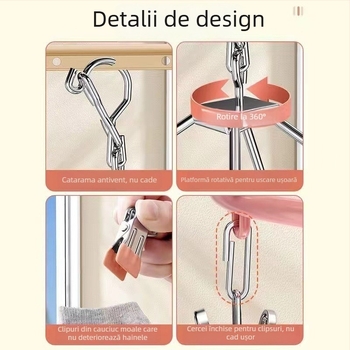 Raft rotund de uscare a șosetelor din oțel inoxidabil, 24 clipuri, pliabil, pentru uz casnic