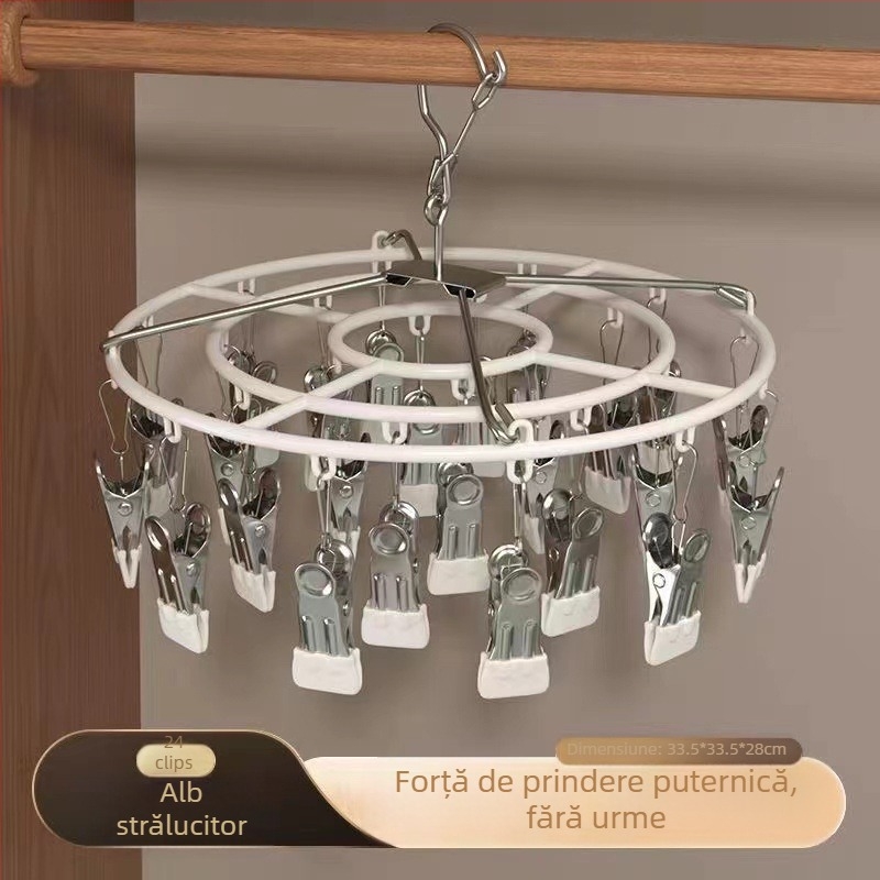 Raft rotund de uscare a șosetelor din oțel inoxidabil, 24 clipuri, pliabil, pentru uz casnic