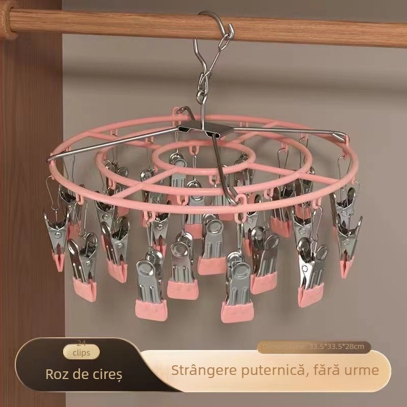 Raft rotund de uscare a șosetelor din oțel inoxidabil, 24 clipuri, pliabil, pentru uz casnic