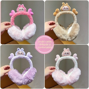 Earmuffs pentru copii – iarnă, căptușeală din pluș, design cartoon, purtare pe spate, anti vânt, mențin căldura