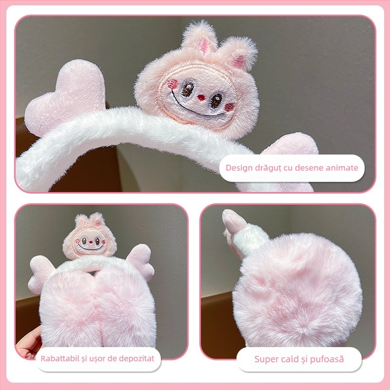 Earmuffs pentru copii – iarnă, căptușeală din pluș, design cartoon, purtare pe spate, anti vânt, mențin căldura