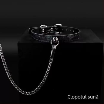 Colier din piele naturală cu inel în formă de T, design geometric, pandantiv din aliaj, lanț în valuri