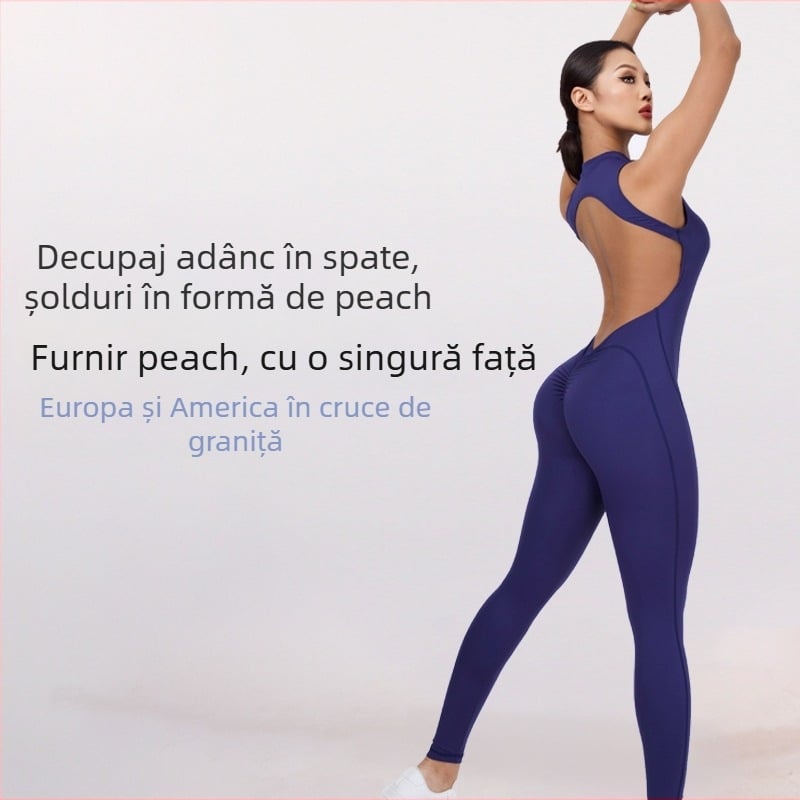 Salopetă sport pentru femei cu spate decupat, uscare rapidă, croială strânsă, cu padding la bust, 75% nylon, 25% spandex