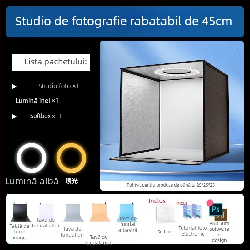 Boxă de studio compactă cu fundal LED pliabil, pentru fotografie still life și bijuterii, iluminare fără umbre