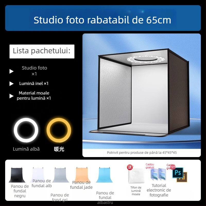 Boxă de studio compactă cu fundal LED pliabil, pentru fotografie still life și bijuterii, iluminare fără umbre