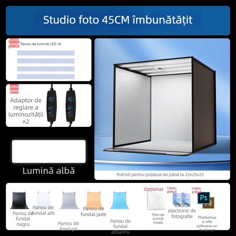 Boxă de studio compactă cu fundal LED pliabil, pentru fotografie still life și bijuterii, iluminare fără umbre