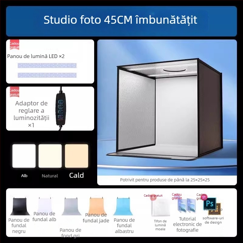 Boxă de studio compactă cu fundal LED pliabil, pentru fotografie still life și bijuterii, iluminare fără umbre