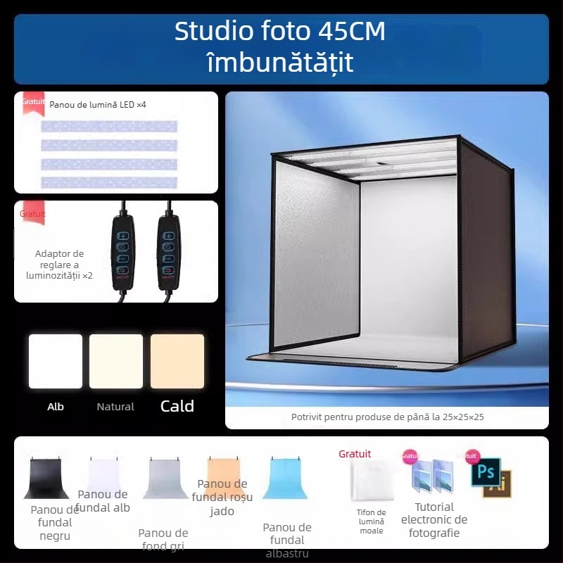 Boxă de studio compactă cu fundal LED pliabil, pentru fotografie still life și bijuterii, iluminare fără umbre