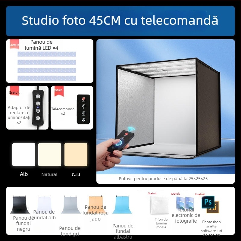 Boxă de studio compactă cu fundal LED pliabil, pentru fotografie still life și bijuterii, iluminare fără umbre
