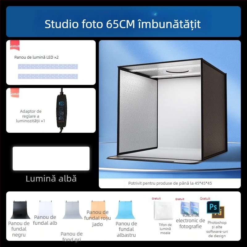 Boxă de studio compactă cu fundal LED pliabil, pentru fotografie still life și bijuterii, iluminare fără umbre