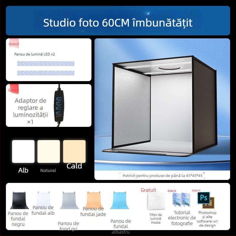 Boxă de studio compactă cu fundal LED pliabil, pentru fotografie still life și bijuterii, iluminare fără umbre