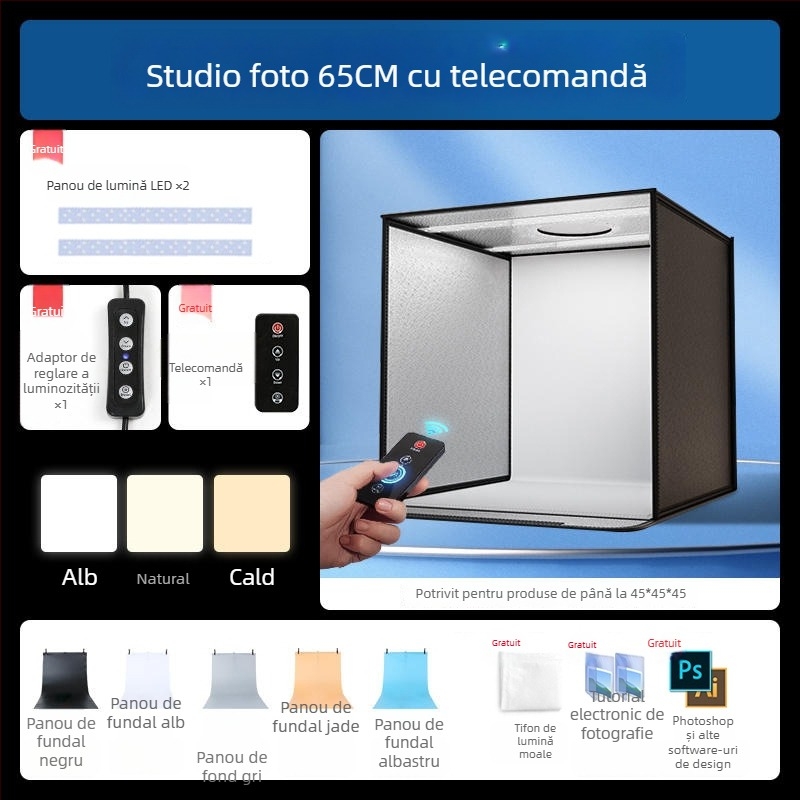 Boxă de studio compactă cu fundal LED pliabil, pentru fotografie still life și bijuterii, iluminare fără umbre