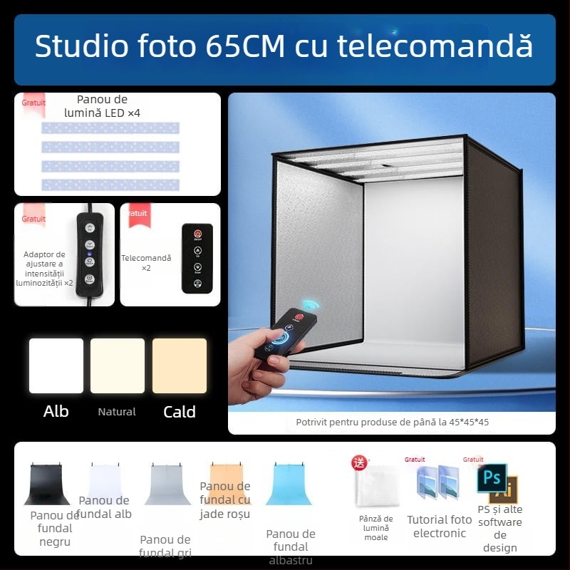 Boxă de studio compactă cu fundal LED pliabil, pentru fotografie still life și bijuterii, iluminare fără umbre