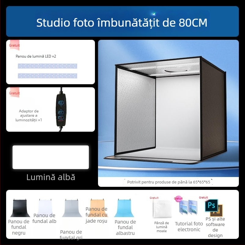 Boxă de studio compactă cu fundal LED pliabil, pentru fotografie still life și bijuterii, iluminare fără umbre