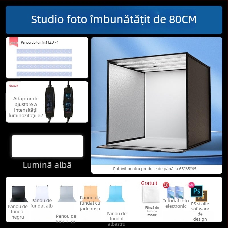 Boxă de studio compactă cu fundal LED pliabil, pentru fotografie still life și bijuterii, iluminare fără umbre