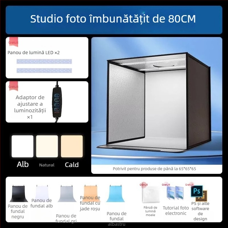 Boxă de studio compactă cu fundal LED pliabil, pentru fotografie still life și bijuterii, iluminare fără umbre