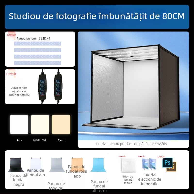 Boxă de studio compactă cu fundal LED pliabil, pentru fotografie still life și bijuterii, iluminare fără umbre