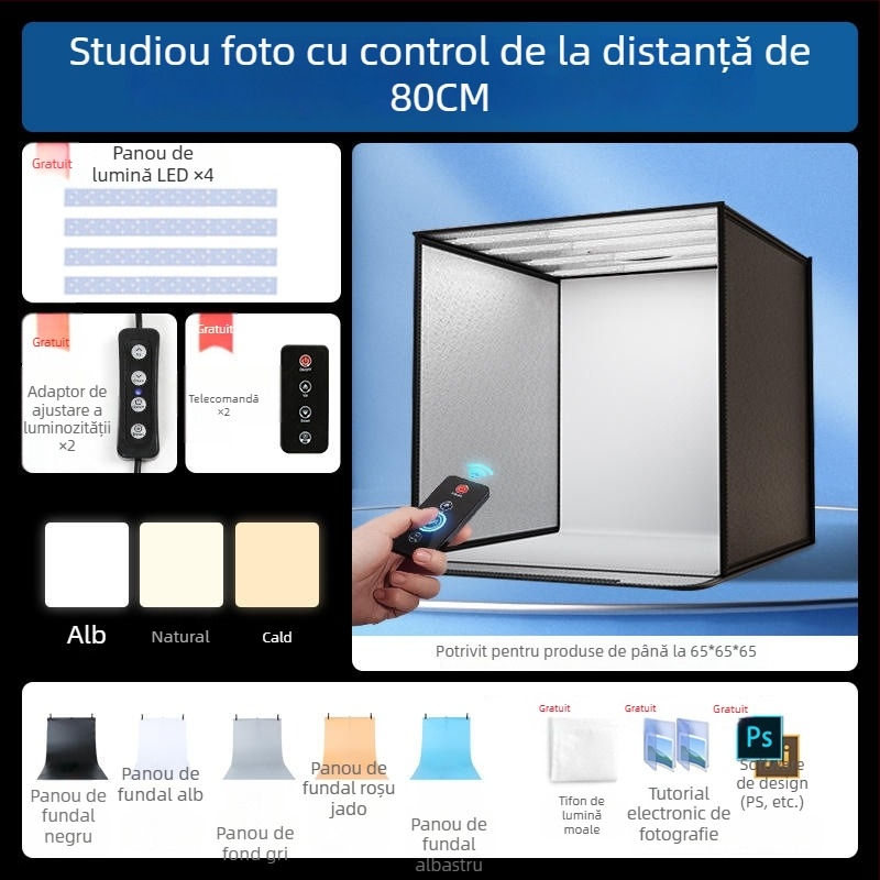 Boxă de studio compactă cu fundal LED pliabil, pentru fotografie still life și bijuterii, iluminare fără umbre